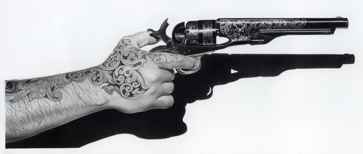 Photorealistic drawing of tattooed hand holding long gun